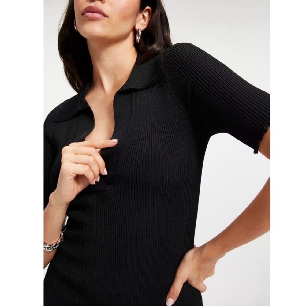 Good American Black Ribbed Knit Polo Midi Short Sleeve Dress - 2 - Picture 4 of 12
